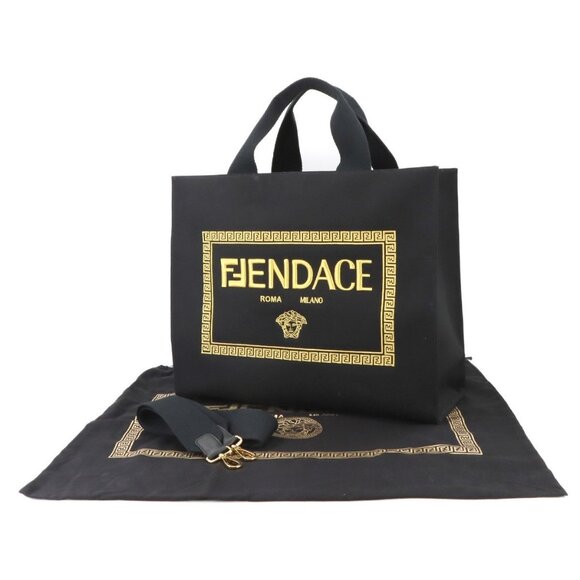 FENDI FENDACE 2way Tote Shoulder Bag Canvas Black Gold 7VA558 90275211 - Picture 1 of 12